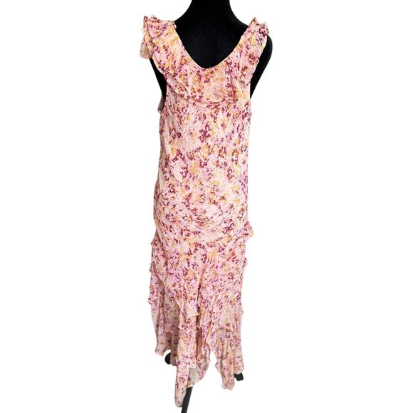 By Anthropologie Cowl-Neck Ruffle Midi Dress Pink Floral Size Large NEW - Picture 7 of 11